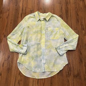 Pilcro Shirt Womens Large Top Yellow Green Button Up Semi Sheer Anthropologie